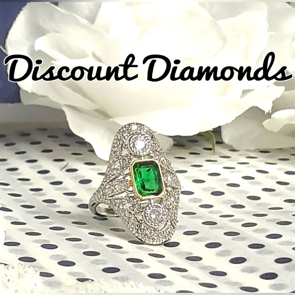 Vintage Retro Emerald & White Baguette Diamond Ring on 925 Sterling Silver
